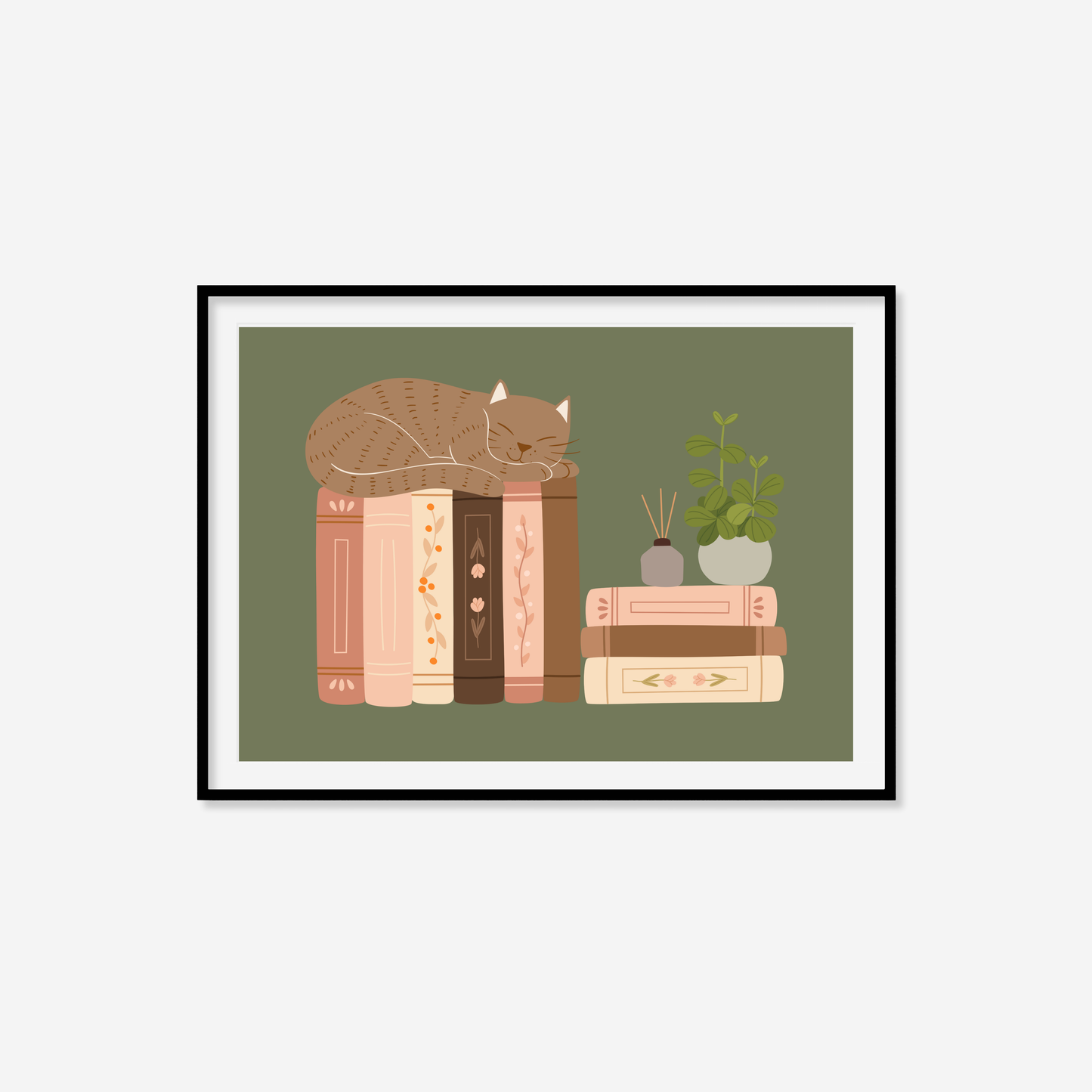 Sleepy Cat On Books Print