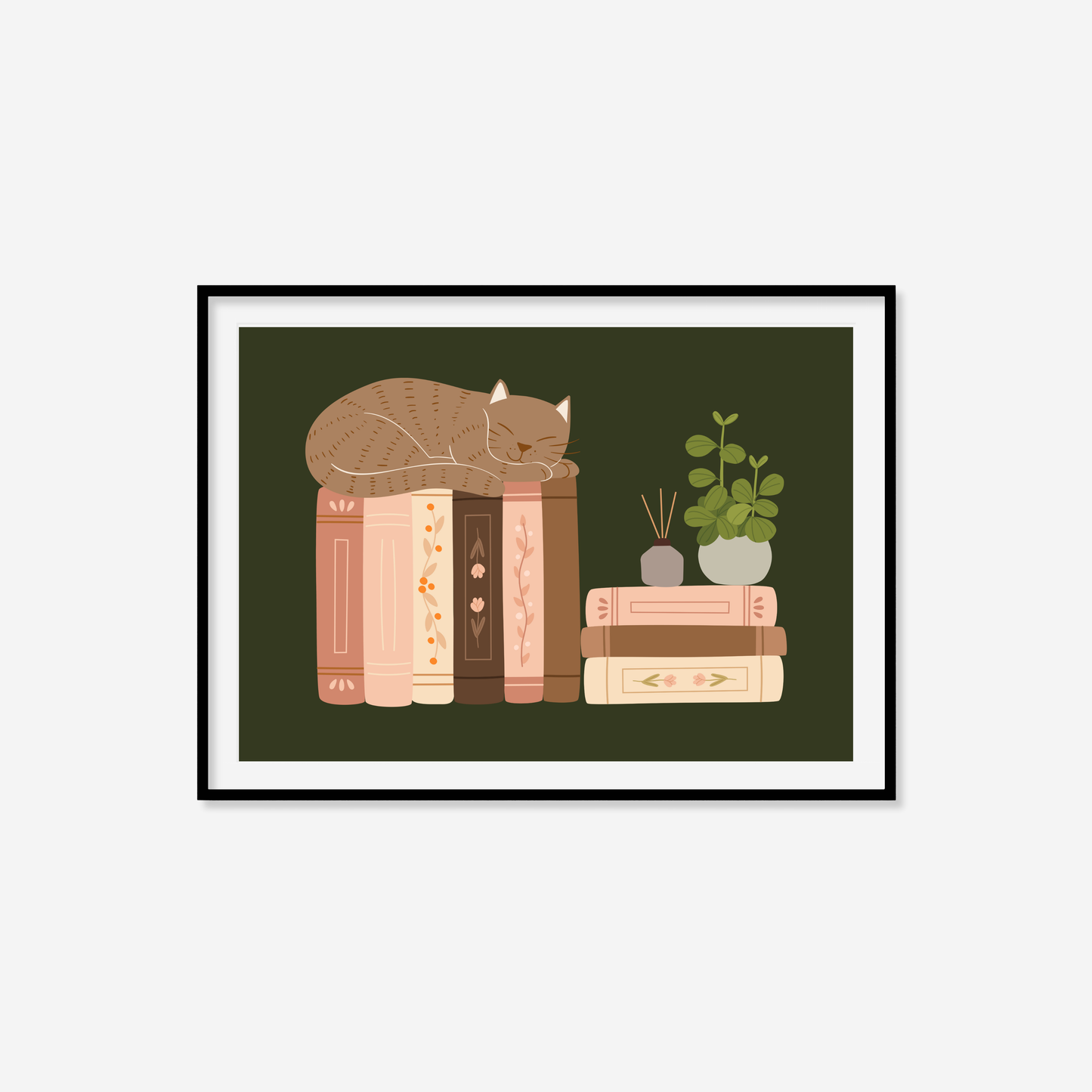 Sleepy Cat On Books Print