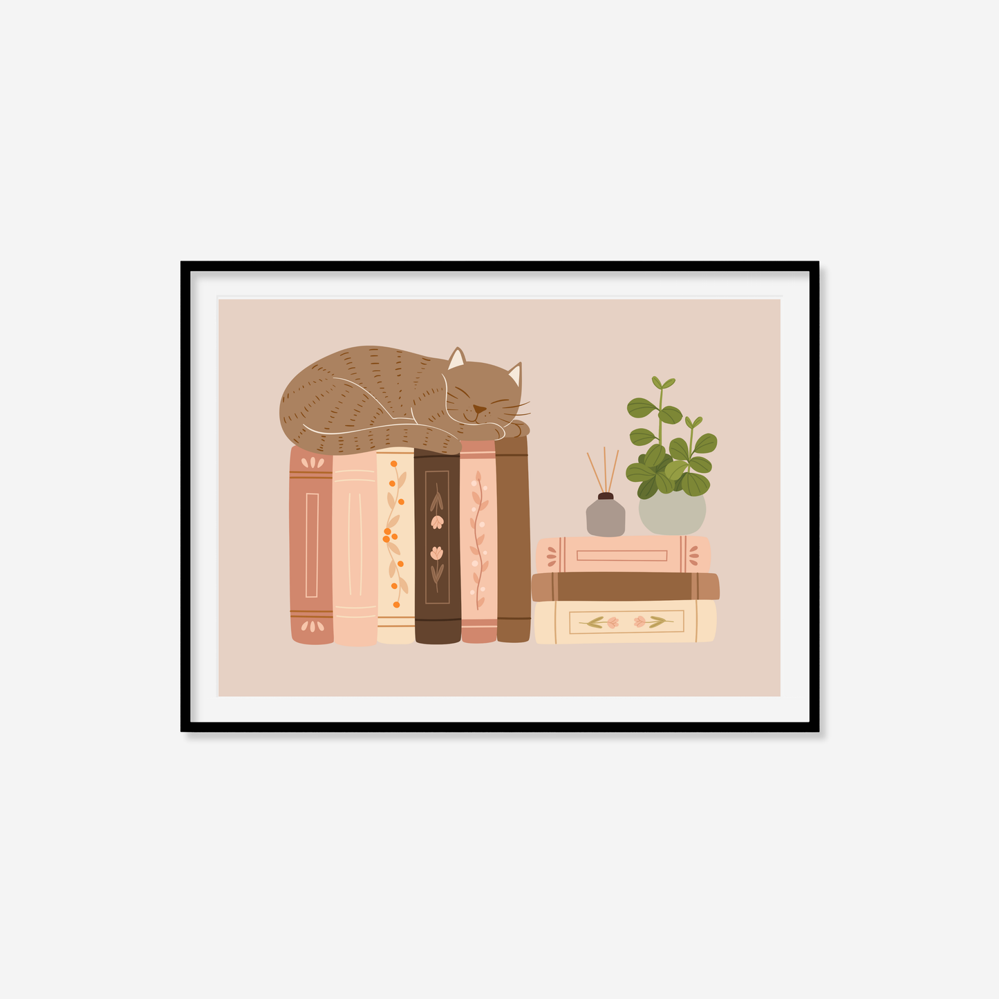 Sleepy Cat On Books Print
