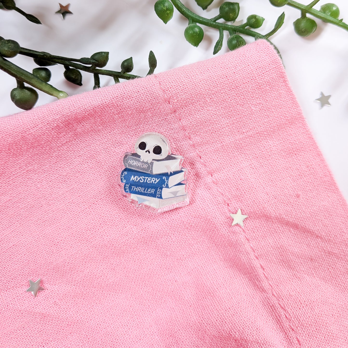 Crime Book Stack Acrylic Pin Badge