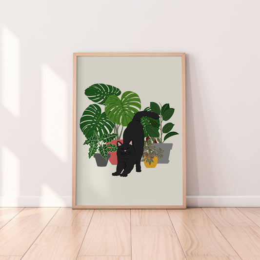 Boho Cat and Plants Print