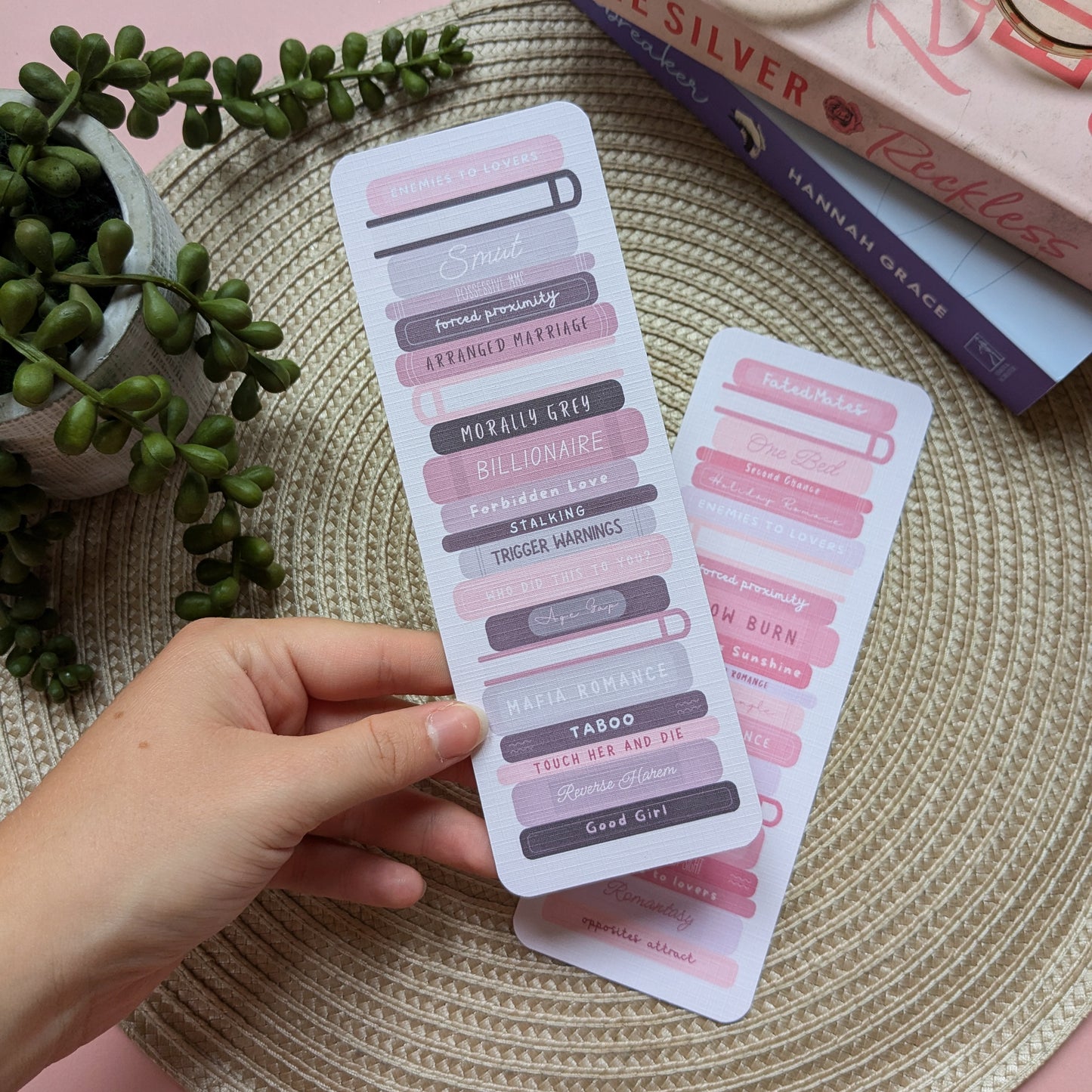 Romance Tropes Bookstack Linen Card Bookmark