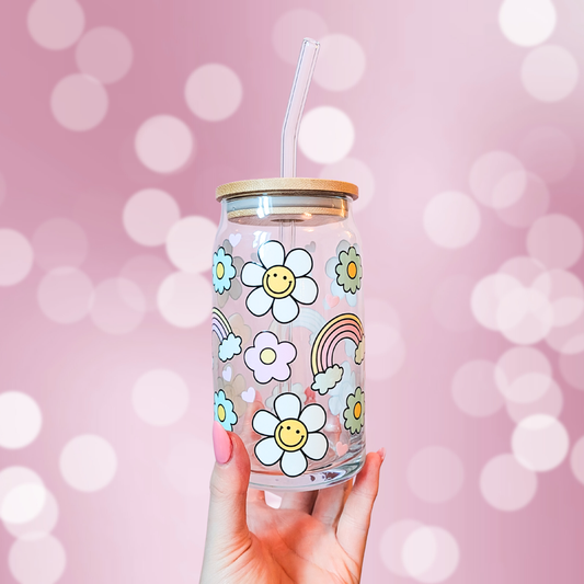 Cute Rainbows And Flowers Glass Can Cup