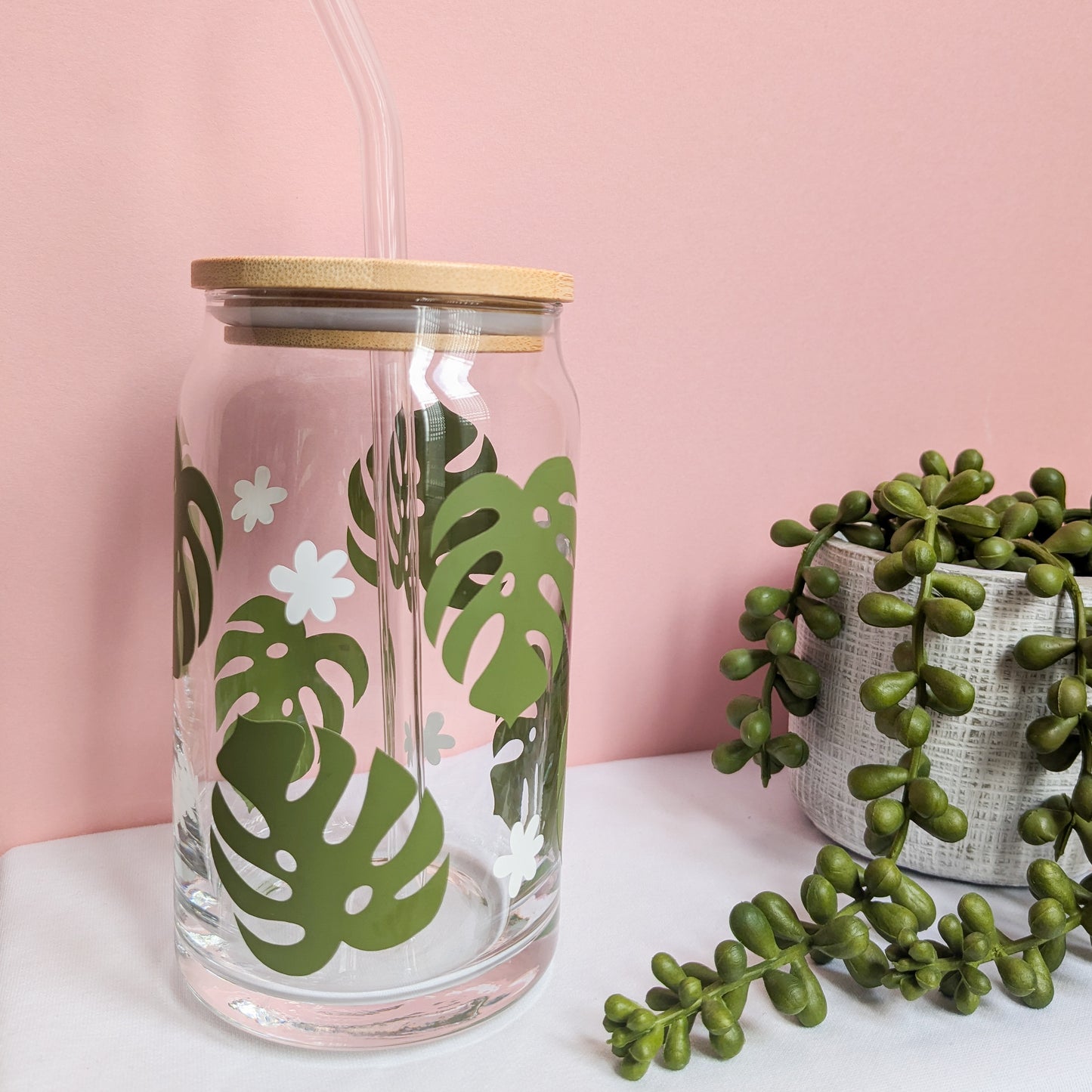 Monstera Leaf Design Glass Can Cup