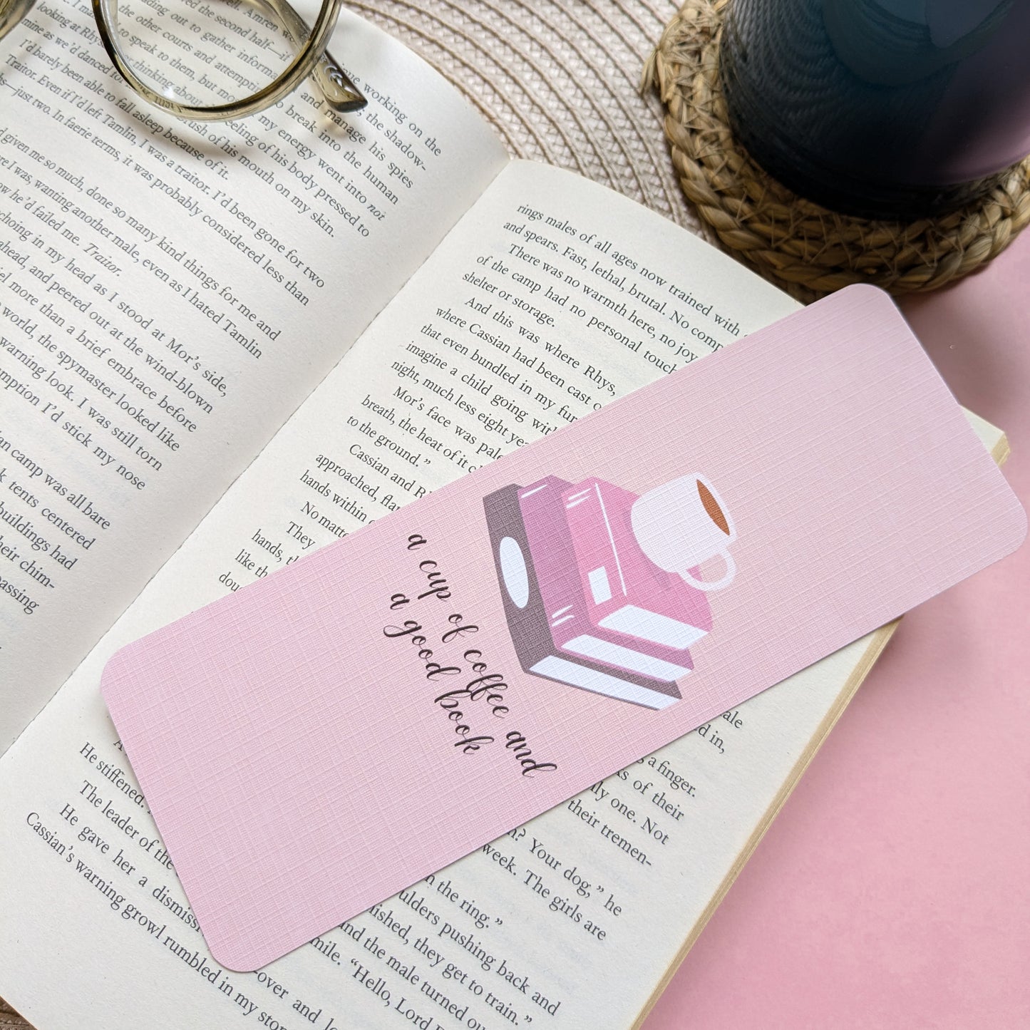 A Cup Of Coffee And A Good Book Linen Card Bookmark