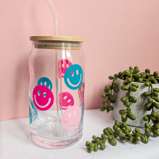 Smiley Face Design Glass Can Cup