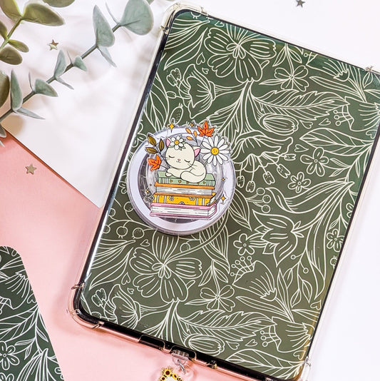Cute Cat On Books Magnetic Kindle/Phone Grip