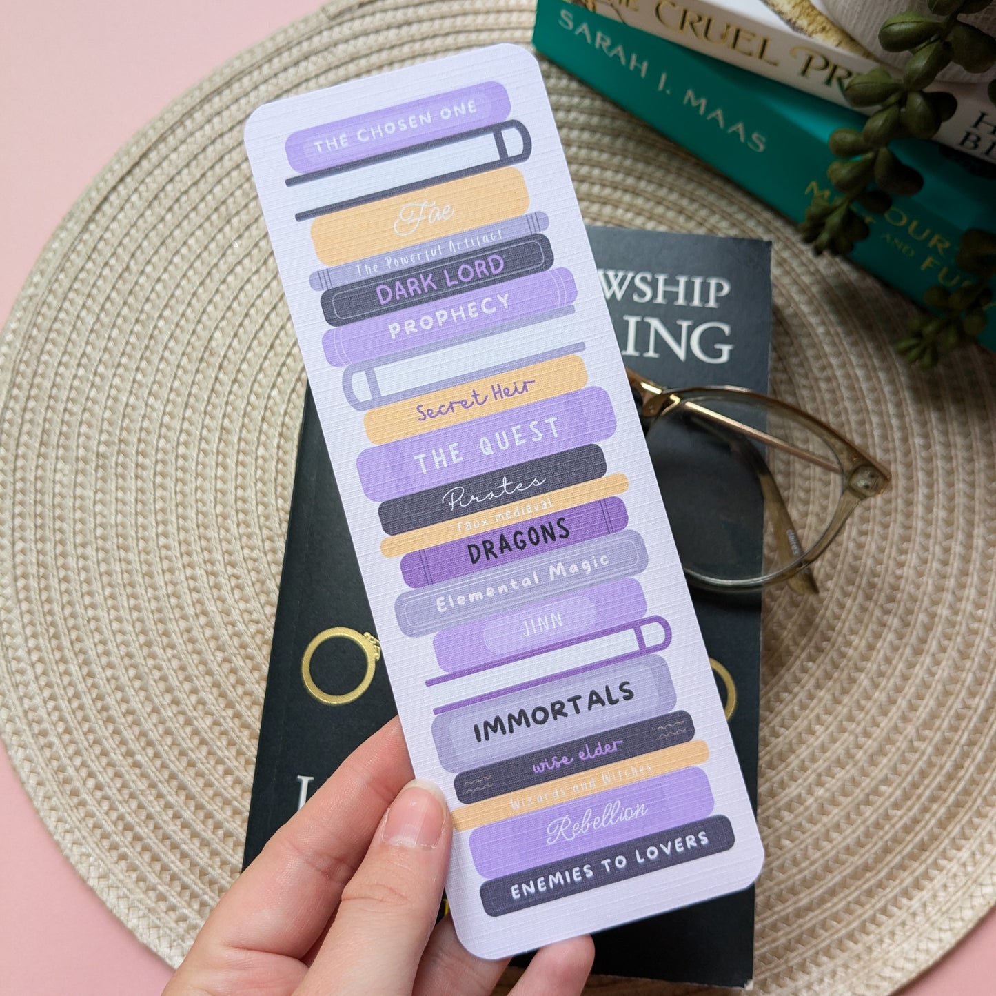 Fantasy Tropes Bookstack Linen Card Bookmark