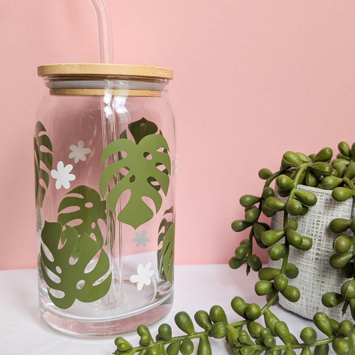 Monstera Leaf Design Glass Can Cup